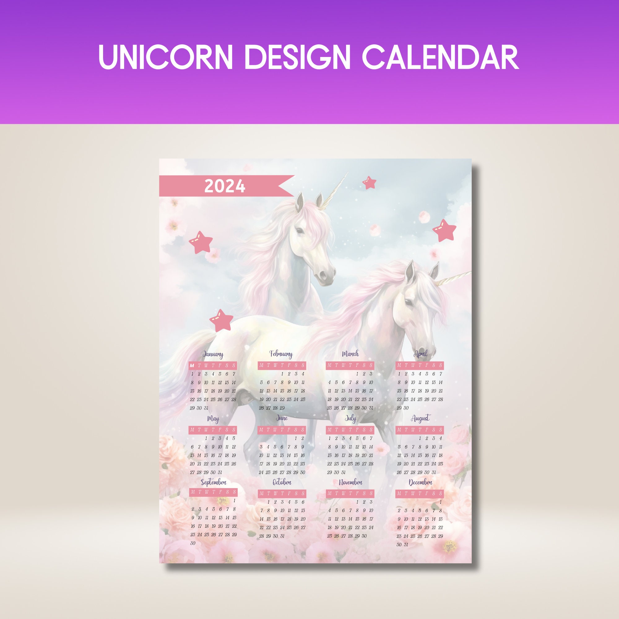 2025 Unicorn Year on a Page Calendar Unicorn Watercolor 2025 Etsy