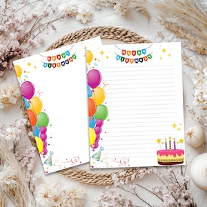May include: Two printable birthday stationery sheets with a colourful balloon and confetti border. The top sheet has the text "Happy Birthday" in a banner. The bottom sheet has a birthday cake with candles and the text "Happy Birthday" in a banner.