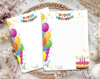 Printable Happy Birthday Stationary, Birthday Stationery Letter Writing Stationery Set Cake Candles Balloons Kids Birthday Notepad Thank You