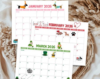 Dog Calendar 2026 Printable Wall Calendar Dachshunds Wiener Dog, Monthly Calendar Template Holiday Doxie Super Cute Dogs Instant Download