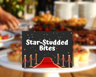 Bearbeitbares Hollywood Party Food Label Roter Teppich Leere Food Tent Card Labels Bearbeitbares Oscar Party Food Tent Red 21st Party Place Tag Feiern Sie