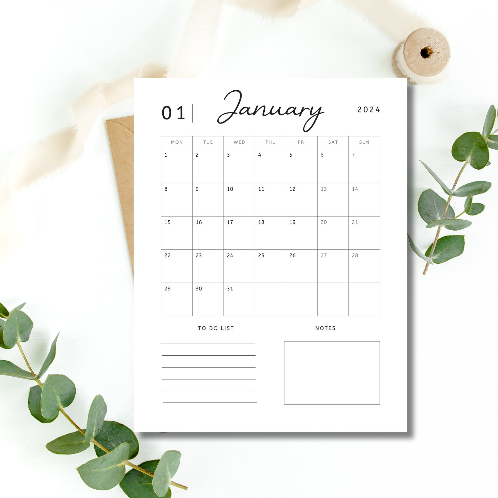 2024 Calendar 2024 Minimalist Calendar Printable Portrait Etsy