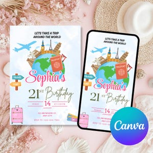 Convite de aniversário de 21 anos, tema de aniversário de 21 anos, convites ao redor do mundo, convite eletrônico com tema de festa, viagem ao redor do mundo, tema de festa de 21 anos editável para impressão