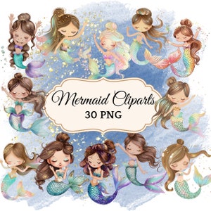 Sirena Clipart 30 PNG Archivos transparentes Descarga instantánea con derechos comerciales Pretty Little Mermaids Child Focused POD Productos digitales