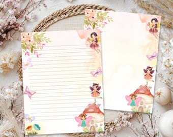 May include: Two sheets of stationery paper featuring watercolor illustrations of fairies, mushrooms, and butterflies. One sheet is lined, while the other is blank. Both sheets have floral accents in the corners and a soft peach and yellow background.