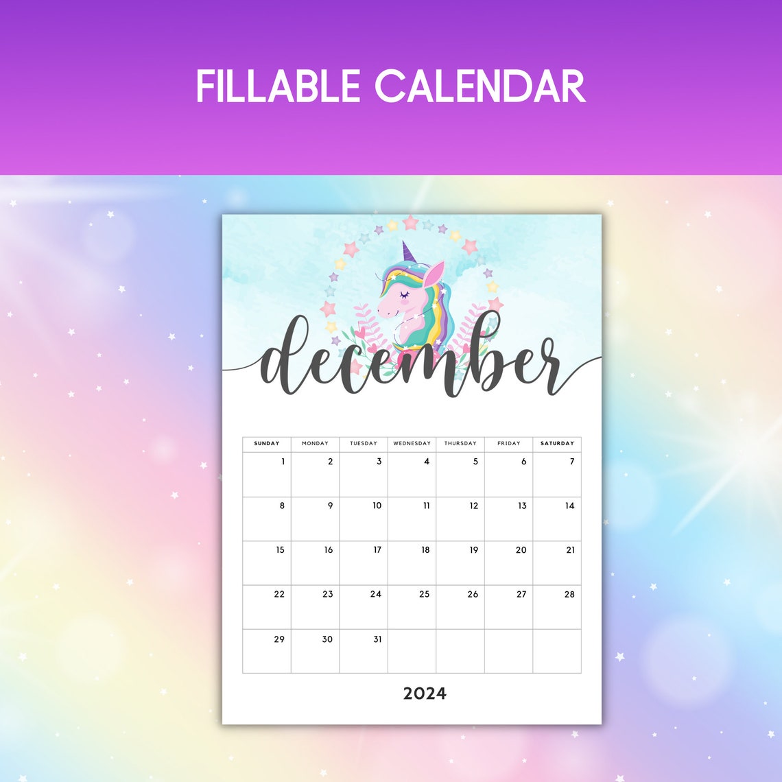 2024 Unicorn Calendar Printable Unicorn Clipart 2024 Calendar PDF 2024 Wall Calendar Portrait