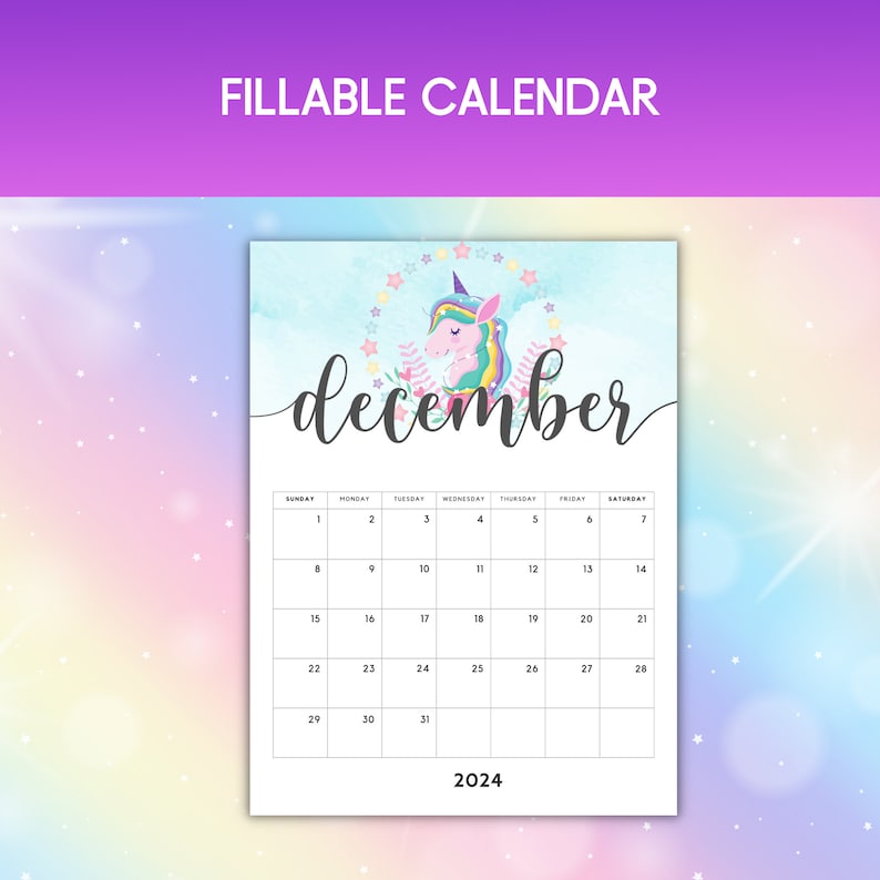 2024 Unicorn Calendar Printable Unicorn Clipart 2024 Calendar PDF 2024