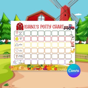 May include: A colorful potty training chart with the text "ISABEL'S POTTY CHART" and illustrations of farm animals and activities. The chart includes spaces for tracking progress and a reward section. The background features a farm scene with a red barn and windmill.