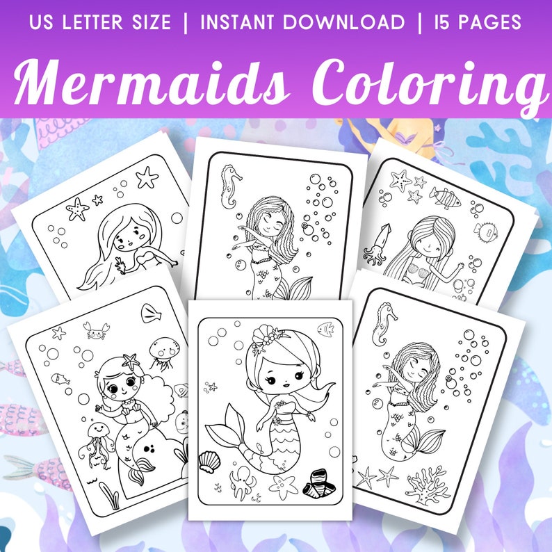 Printable Mermaid Coloring Pages Mermaid Coloring Book - Etsy