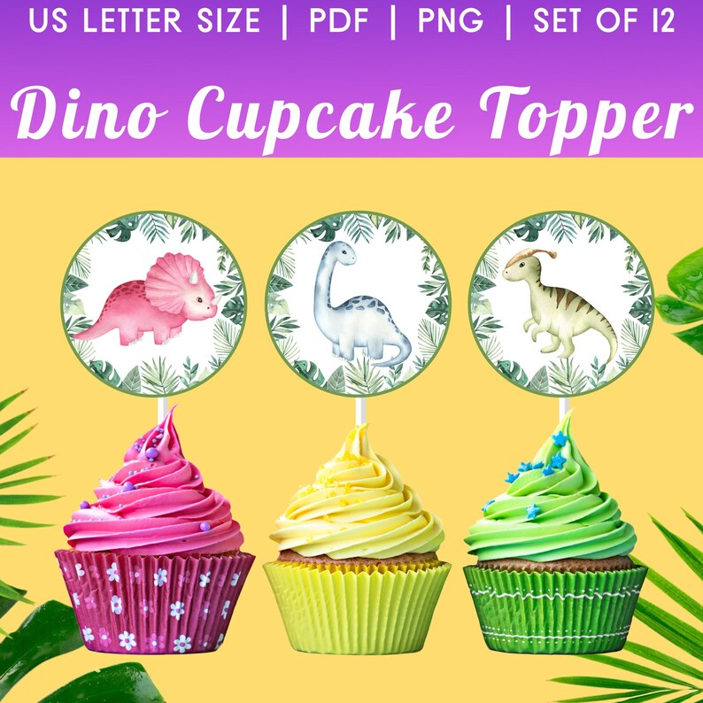 Dinosaur Cupcake Toppers Printable Dino Cupcake Topper Party Etsy