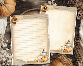 May include: Two sheets of stationery paper with a vintage aesthetic, featuring a beige parchment background, torn edges, and faint text. One sheet is lined, and both are decorated with illustrations of acorns, a lantern, and pumpkins.