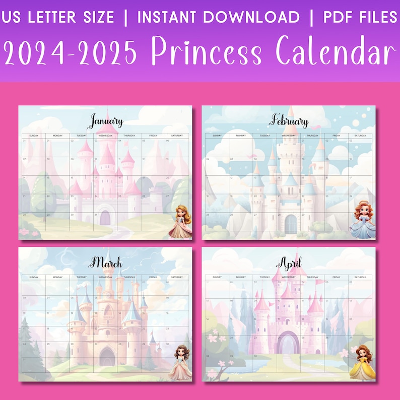 Printable 2024 2025 Princess Calendar Kids Monthly Planner Princess Lover Clipart Year Kids