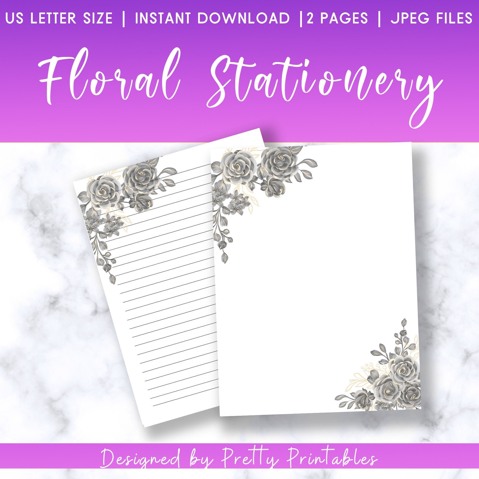 black rose gold printable stationery letter writing paper etsy