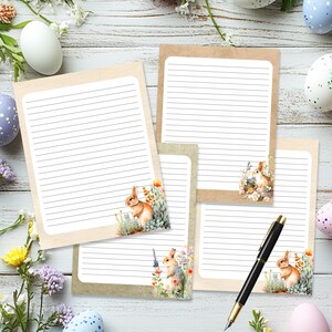 Papelería de Pascua, papelería imprimible, papel de escritura de Pascua, papel de conejo de Pascua, papel de notas rayado y sin raya, bloc de notas, juego de 8