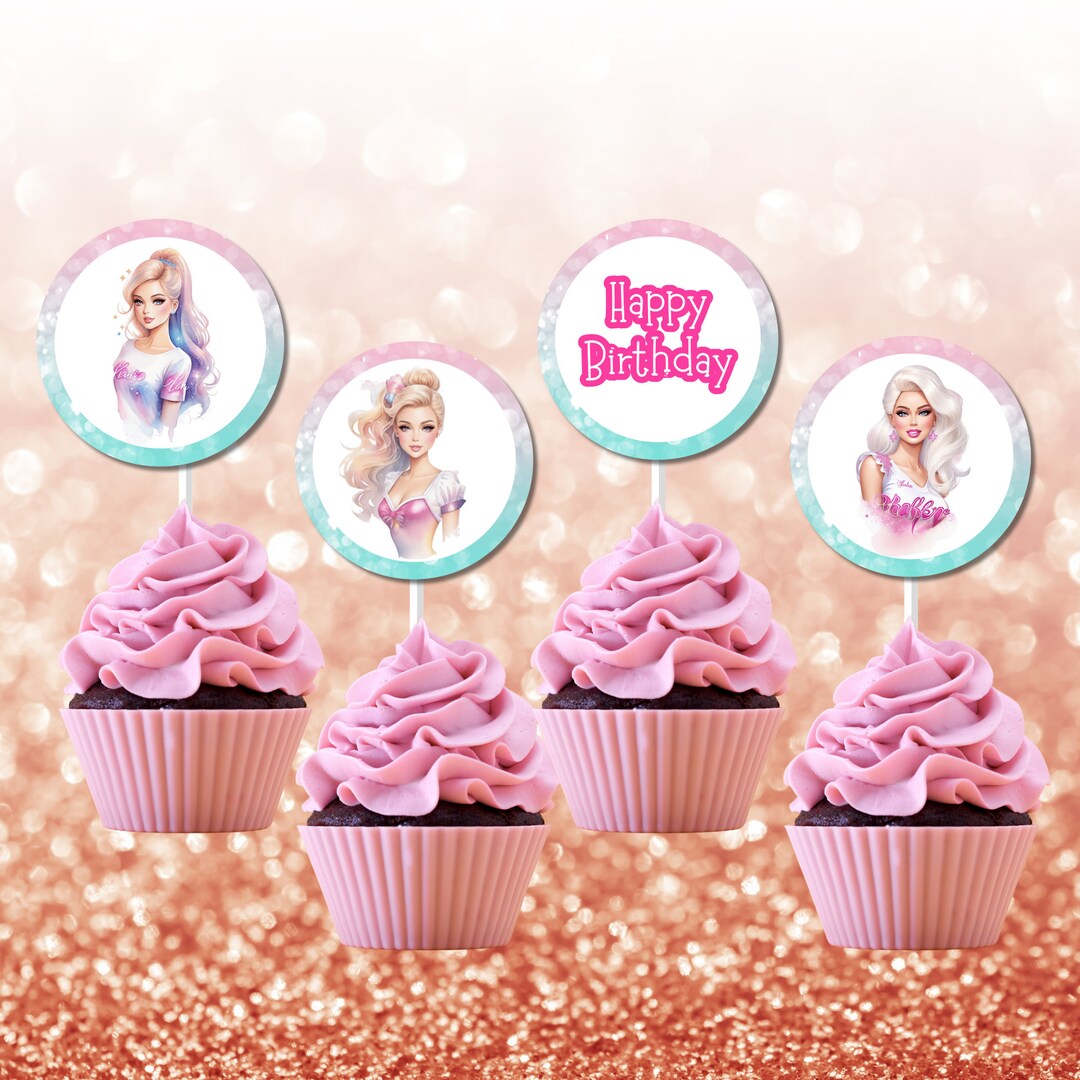 Pink Barbie Cupcake Toppers Printable Hot Pink Cupcake Toppers Etsy