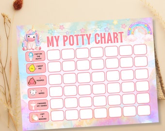 May include: A pink and blue potty training chart with a unicorn illustration and a rainbow. The chart has a grid of squares with icons and text for different potty training milestones, such as "I sat on the potty", "I went pee", "I pooped", "I wiped", "I washed my hands", and "I get a reward".