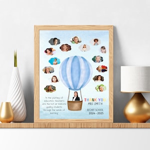 Cadeau de remerciement modifiable personnalisé avec photo de professeur de la part d'un étudiant, carte d'affiche en montgolfière Modèle de collage photo de professeur de la classe