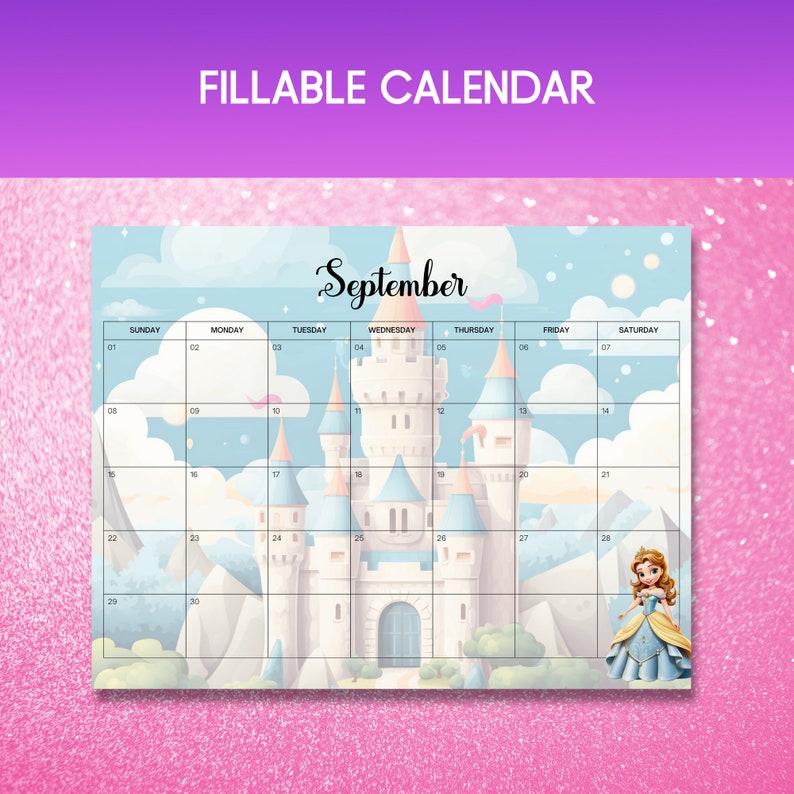 Printable 2024 Princess Calendar Kids Monthly Planner Princess Lover