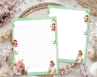 May include: Two sheets of stationery paper with a light green border. One sheet features horizontal lines, while the other is blank. Both sheets are decorated with illustrations of small fairies in pink dresses, green leaves, and a pink mushroom house.