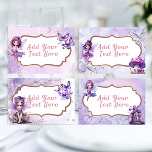 May include: Four printable purple and gold fairy themed gift tags with the text "Add Your Text Here" on each tag. The tags feature fairies with purple wings and flowers.