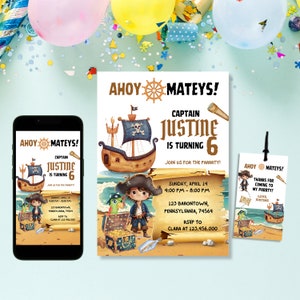 Editable Pirate Birthday Invitation & Printable Pirate Thank You Tag Birthday Invitation Digital Phone Template Pirate Themed Birthday Boys