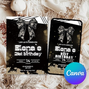 Invitación de cumpleaños número 21 con lazo negro, editable, imprimible, clásica, en blanco y negro, con lazo coqueto, para celebrar Twenty One, invitación digital, personalizable