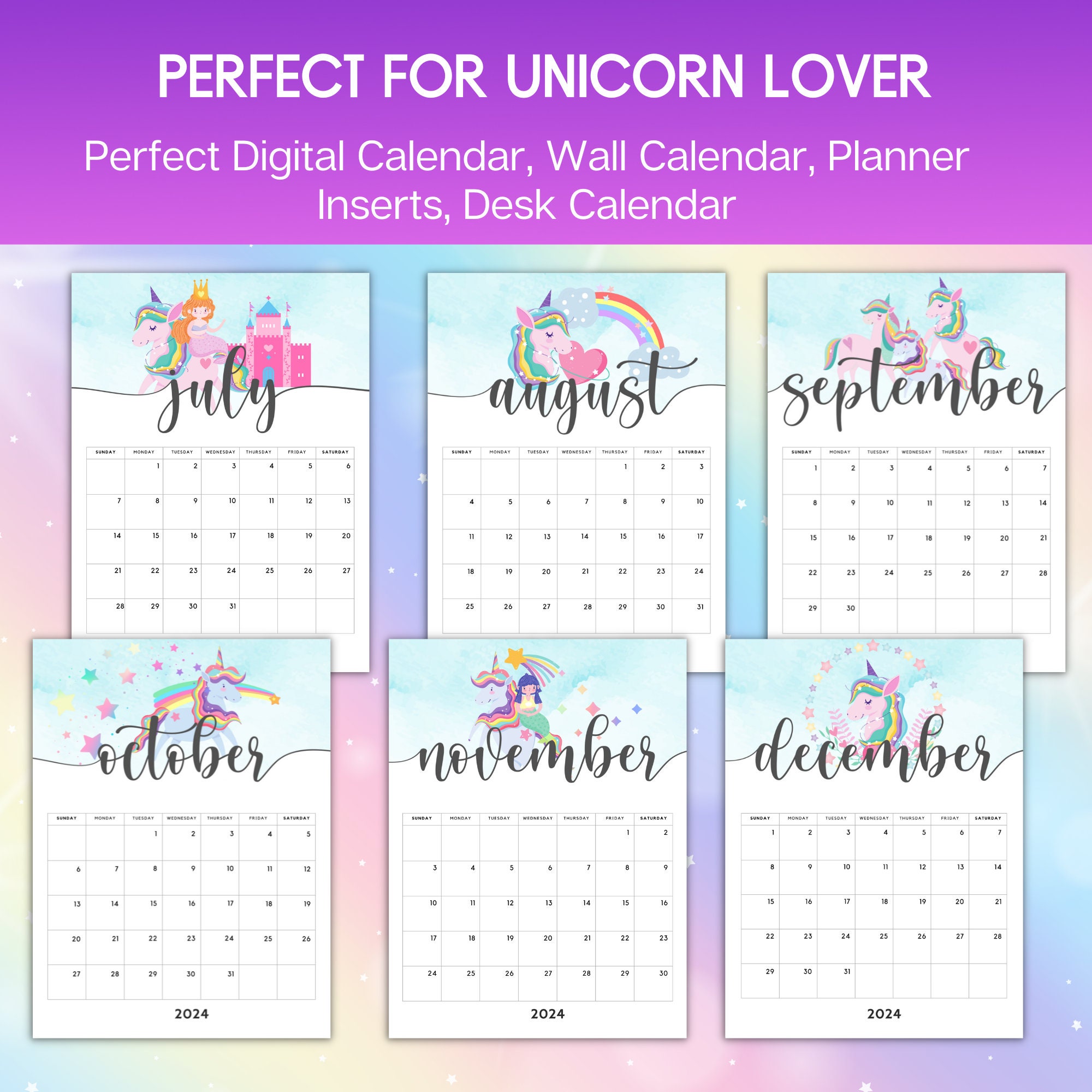 2024 Unicorn Calendar Printable Unicorn Clipart 2024 Calendar PDF 2024