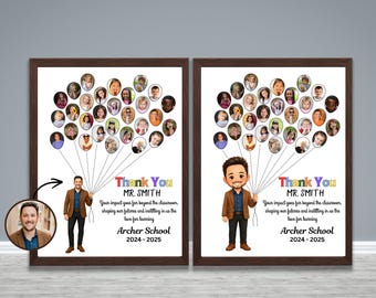 May include: Two framed prints with a teacher illustration holding balloons with student photos. The text reads "Thank You Mr. Smith" and "Archer School 2024-2025". The prints have a dark brown frame and a white background.