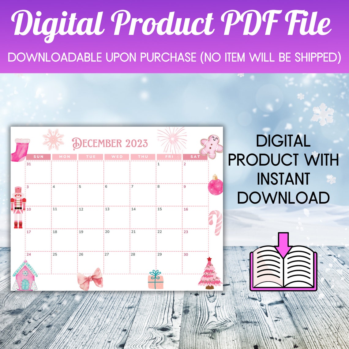 Printable December 2023 Calendar Pink Planner Advent Calendar Holiday
