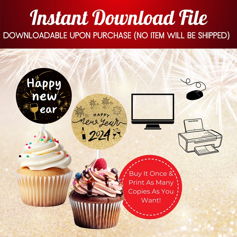 Happy New Year 2024 Cupcake Topper Printable New Year Gift Etsy