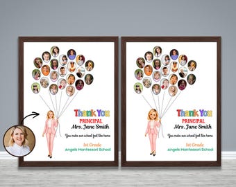 May include: Two framed prints with a brown border. Each print features a cartoon of a woman in a pink suit holding balloon strings with student photos. Text reads "Thank You Principal Mrs. Jane Smith" and "1st Grade Angels Montessori School."