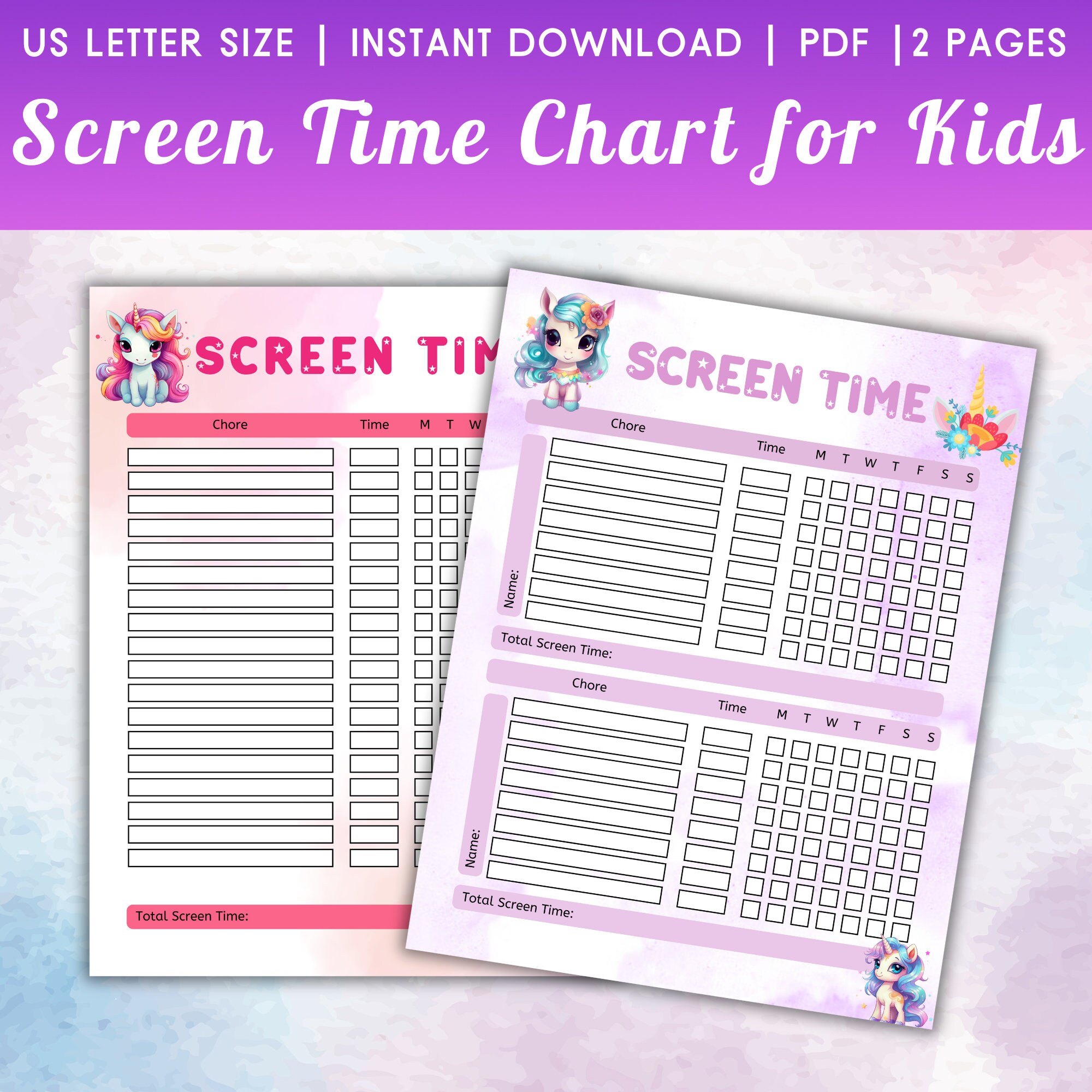 Unicorn Screen Time Chore Chart for Kids Printable Screen Time Tracker ...
