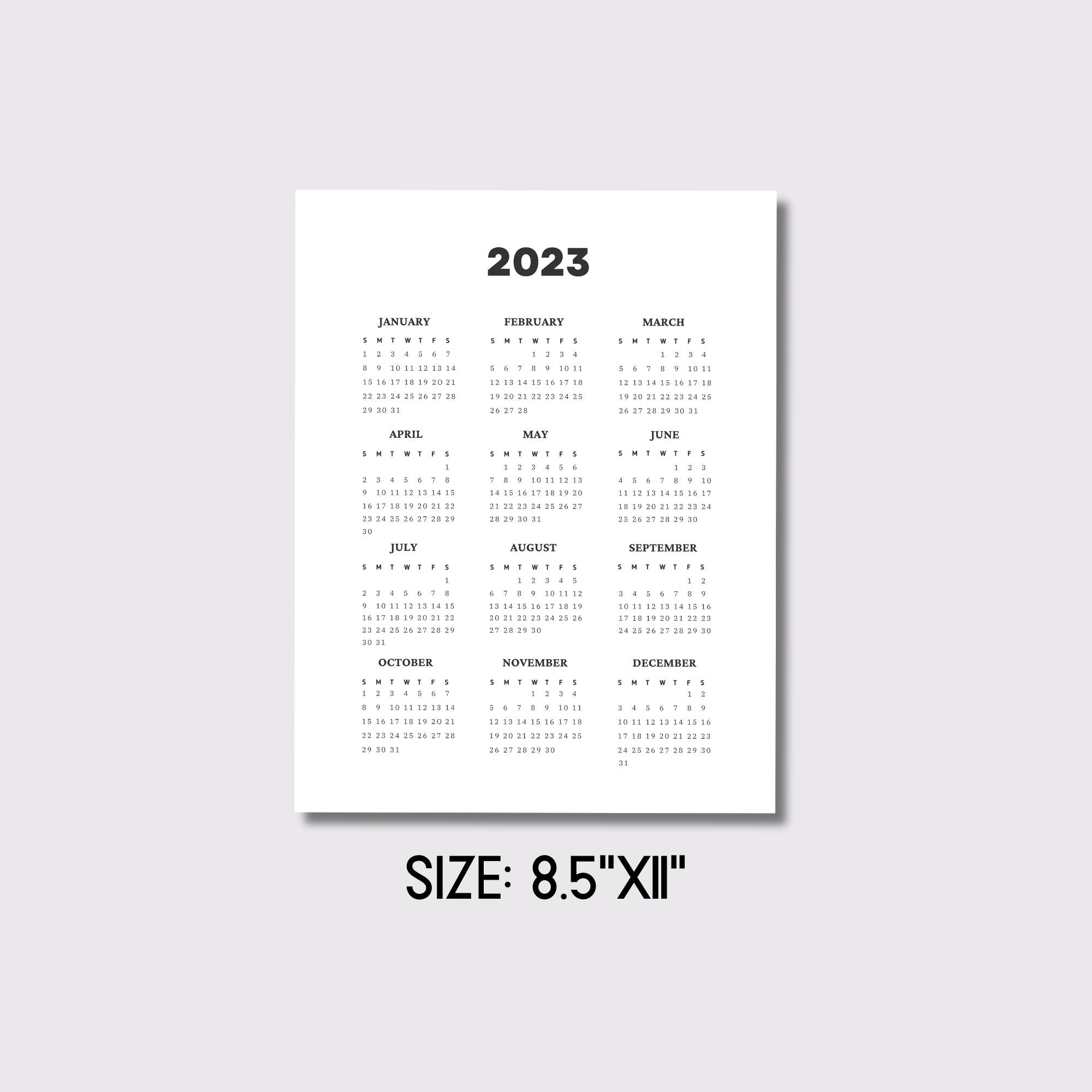 2023 yearly calendar printable wall calendar one page calendar etsy