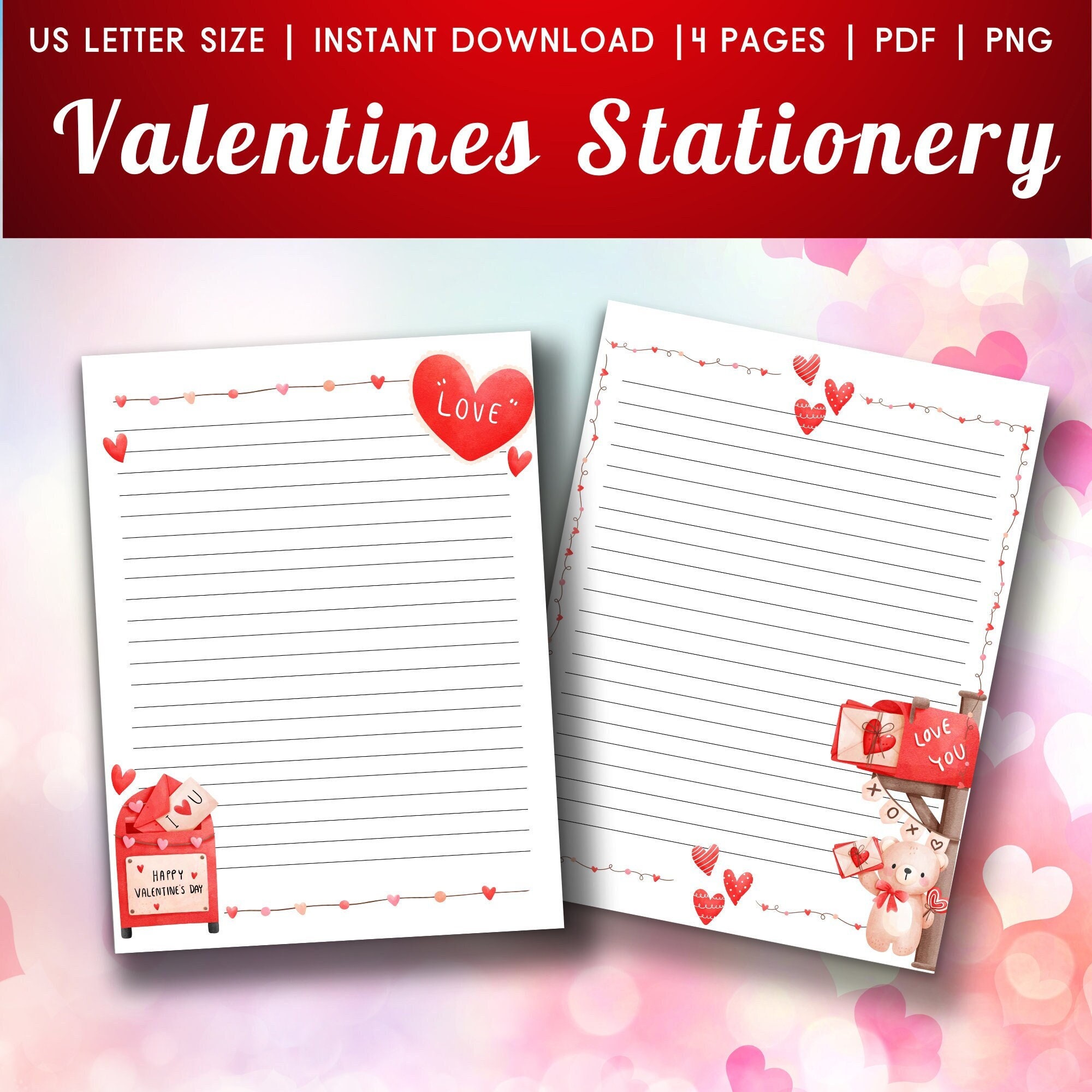 I Love You Printable Stationery, Valentines Day Notes, Writing Love Letter,  Hearts Paper Set, Cute Love Notes, Valentines Love Letter 