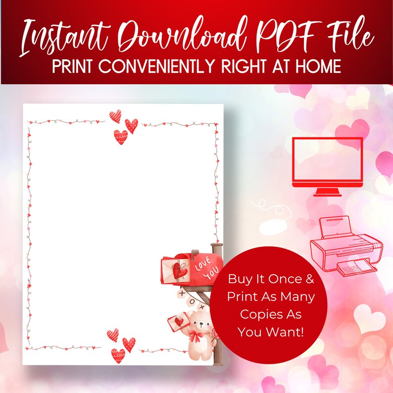 Printable Valentines Stationery Set Heart Stationery Love Stationery Letter Stationery Set Love