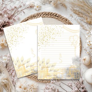 Papelería imprimible de feliz cumpleaños, papelería de cumpleaños, papel con temática de dorado y gris, juego de papelería sofisticada para escribir cartas, bloc de notas de cumpleaños