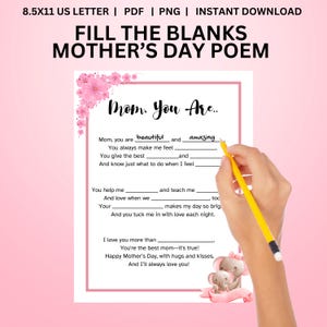 Muttertagsgedicht für K-3rd-Grad-Lehreraktivität für das Muttertagsgeschenk für Mama Einfache Schreibaktivität Füllen Sie die Lückenandenken-Erinnerungsbox aus