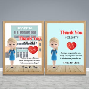 May include: Two framed prints with a nurse figurine and the words "Thank You MRS. SMITH." One print shows a hospital illustration. Both have a red heart graphic and a thank you message. The frames are brown.