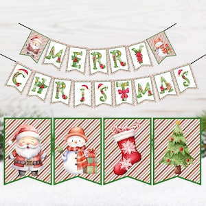Puede incluir: Una festiva guirnalda navideña con las palabras "MERRY CHRISTMAS" en letras verdes con detalles rojos. La guirnalda incluye imágenes de Papá Noel, un muñeco de nieve, un calcetín y un árbol de Navidad. El fondo presenta rayas diagonales rojas y verdes.