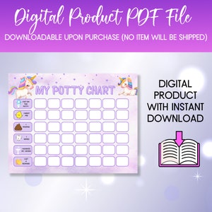 May include: A printable purple and white potty training chart with a unicorn illustration. The chart has a grid of squares with prompts for potty training milestones, such as "sat on the potty", "went pee", "pooped", "wiped", "washed my hands", and "got a reward".