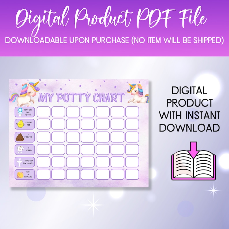 May include: A printable purple and white potty training chart with a unicorn illustration. The chart has a grid of squares with prompts for potty training milestones, such as "sat on the potty", "went pee", "pooped", "wiped", "washed my hands", and "got a reward".