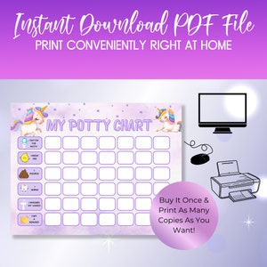 May include: A printable purple and white potty training chart with a unicorn design. The chart has a grid of squares with spaces for stickers or checkmarks. The text "My Potty Chart" is at the top of the chart. The chart includes a list of potty training tasks, such as "I sat on the potty", "I went pee", "I pooped", "I wiped", "I washed my hands", and "I get a reward".