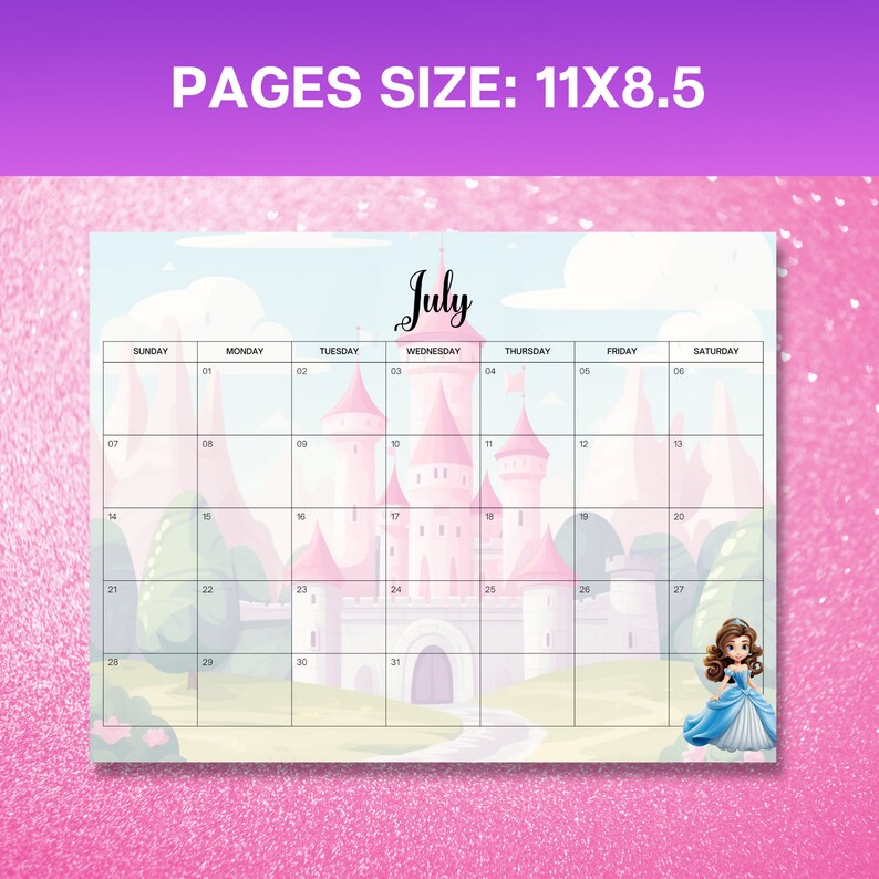 Printable 2024 Princess Calendar Kids Monthly Planner Princess Lover Clipart Year Kids Schedule