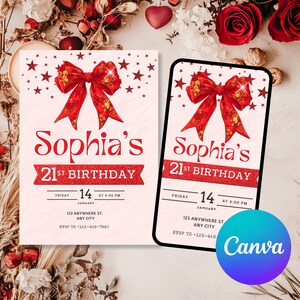 21. Geburtstags-rotes Band-Party bedruckbare Einladungskarte anspruchsvoller Band-Bogen-Party-Einladung Drehen 21 Meilenstein Elegante E-einladen