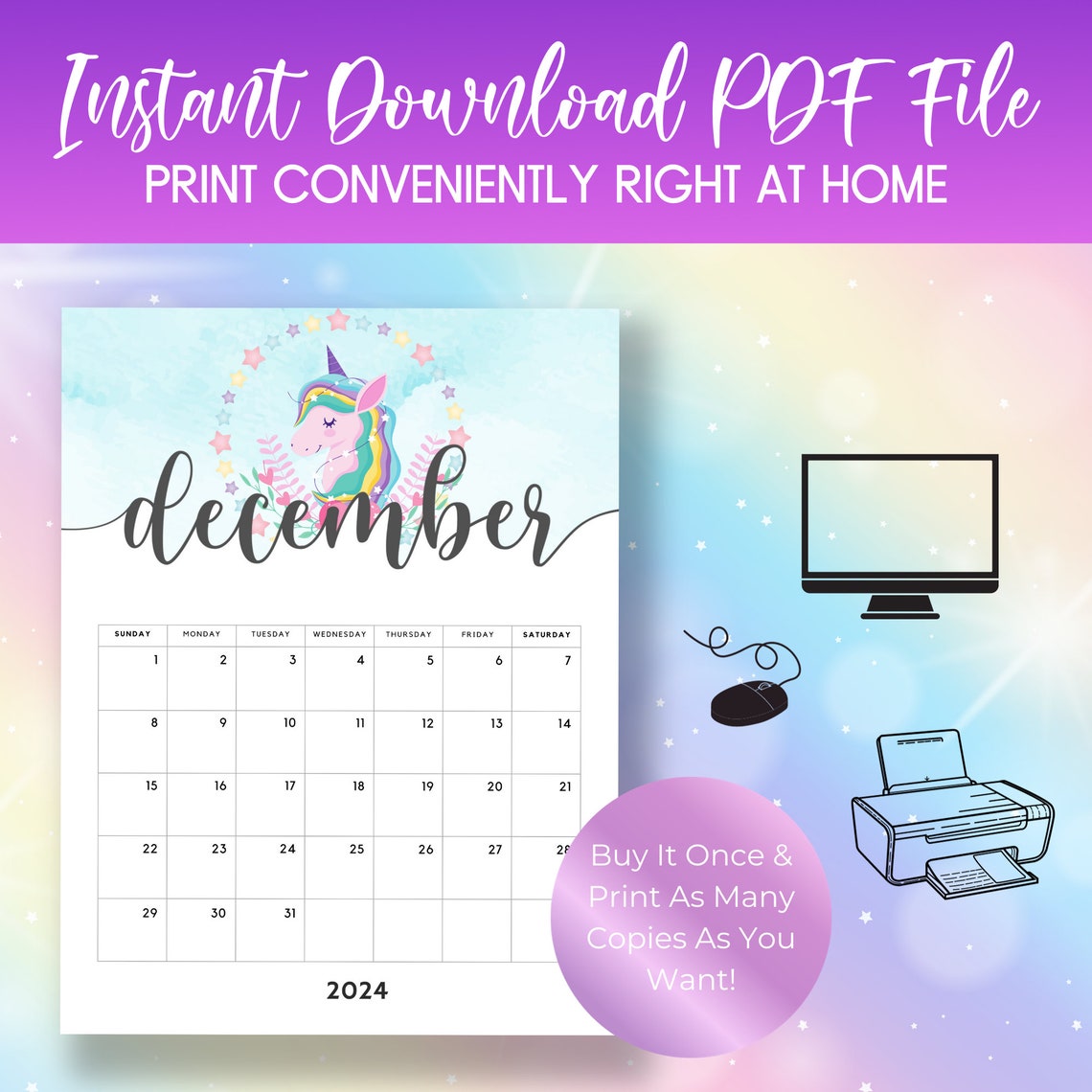 2024 Unicorn Calendar Printable Unicorn Clipart 2024 Calendar PDF 2024