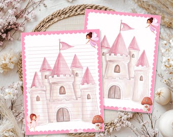 May include: Two rectangular stationery sheets with a scalloped pink border. Each sheet features a watercolor illustration of a light-colored castle with pink conical roofs, a small fairy with wings, and a red-spotted mushroom. One sheet is lined.