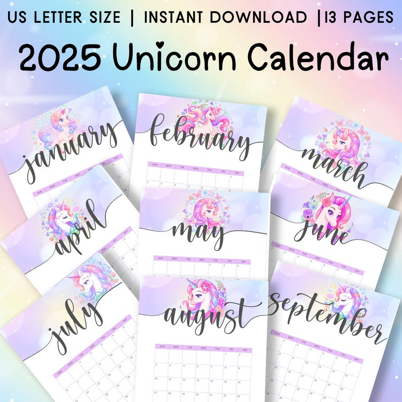 2025 Unicorn Calendar Printable Unicorn Clipart 2024 Calendar PDF 2024 ...