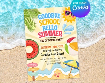 May include: A colorful invitation for an end-of-school summer party. The design features a watermelon slice, beach ball, sun with sunglasses, and the text "Goodbye School Hello Summer". Includes event details and RSVP information.