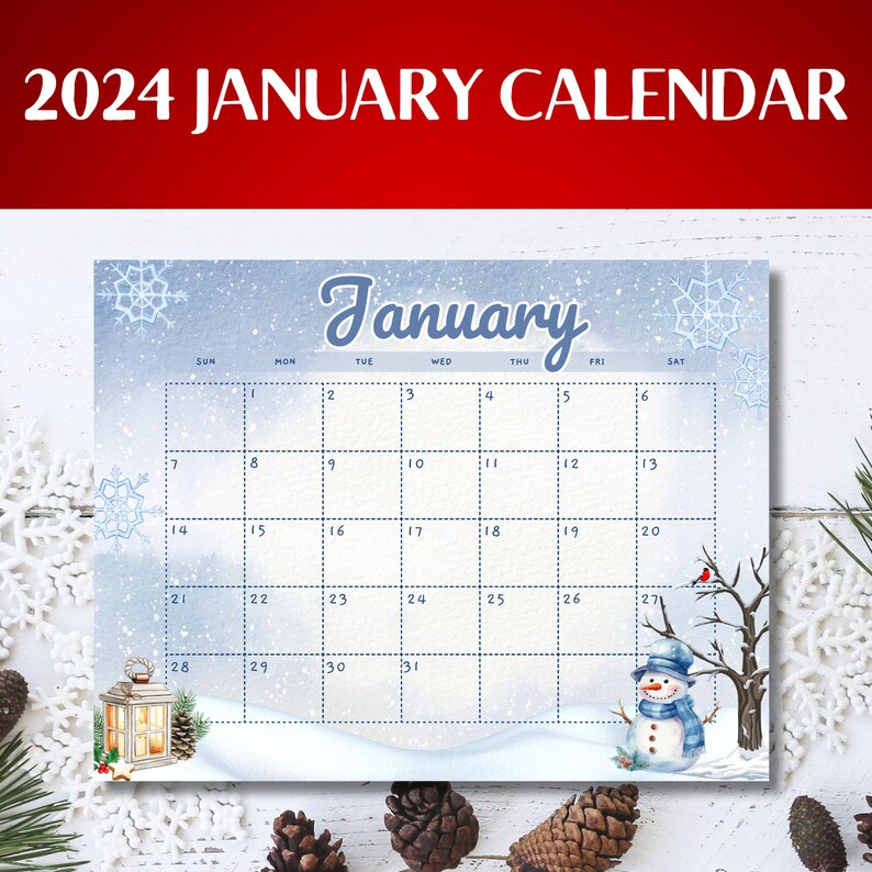 Printable January 2024 Calendar Page Blue Snow Theme Planner Etsy