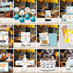 Editable Construction Invitation Birthday Bundle Printable Templates Dump Truck Crane Digger Party Invite Poster Banner Cupcake Toppers Food
